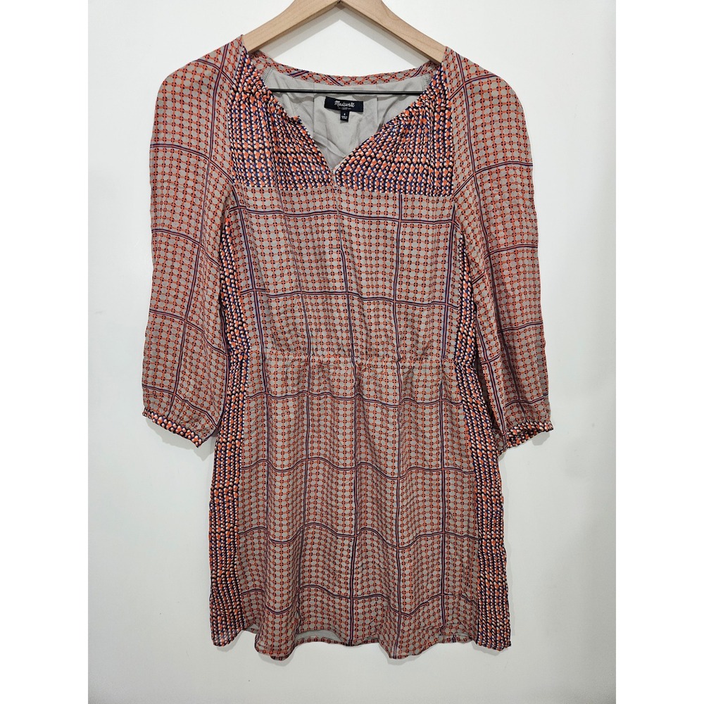 Madewell Silk Mini Dress Orange Blue Geometric Print Split Neck Elastic Waist 4